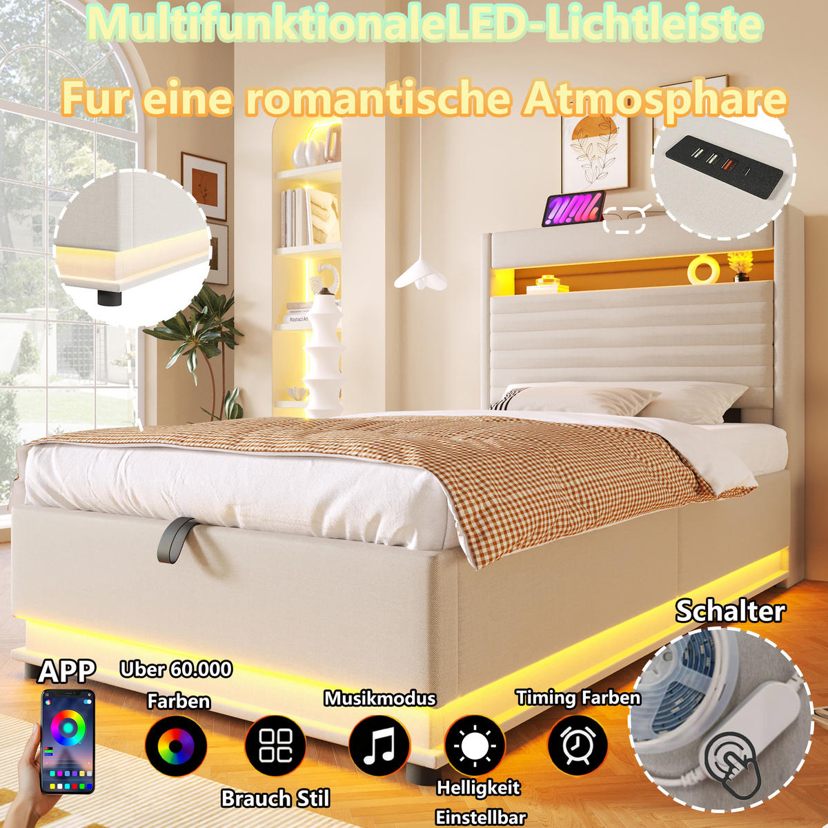 POLSTERBETT 90/200 cm Beige mit USB-Typ-C-Anschluss, LED-Beleuchtung und Ablagefach - Beige, Textil (90/200cm) - Oxeza