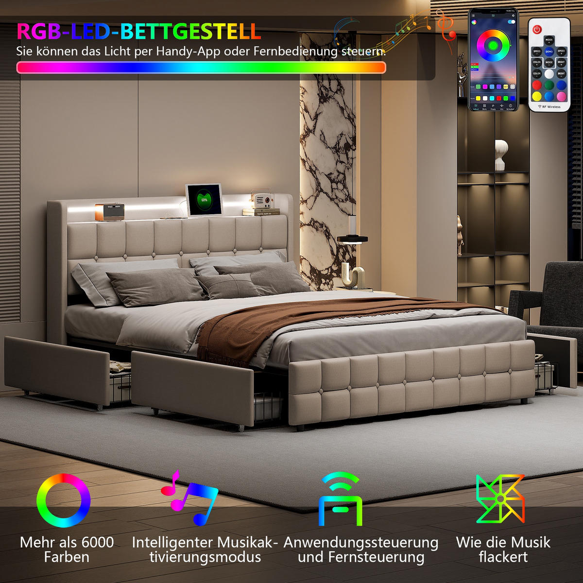 POLSTERBETT 160x200 cm Square Smart mit RGB-LED, EU-Steckdosen & USB-Ports, 4 Schubladen, Leinen-Optik, Beige - Beige, Textil (160/200cm) - DELFA