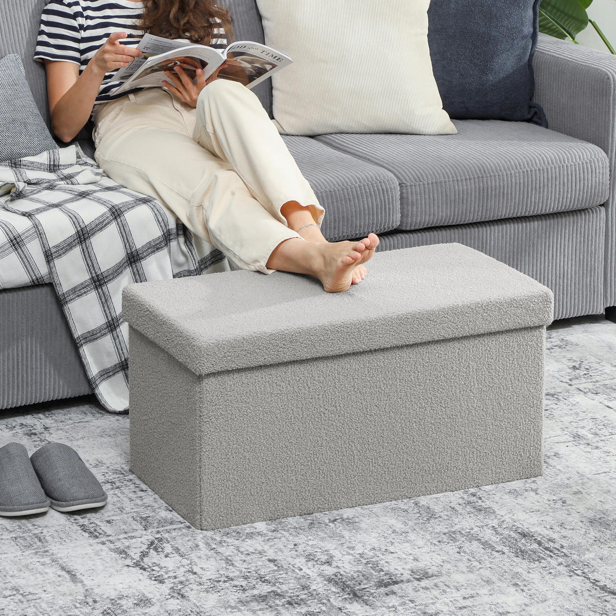 SITZBANK mit Stauraum, faltbar Polsterbank, Bettbank mit Samtoptik, Sitztruhe - Hellgrau, Textil (38/38/76cm) - HOMCOM