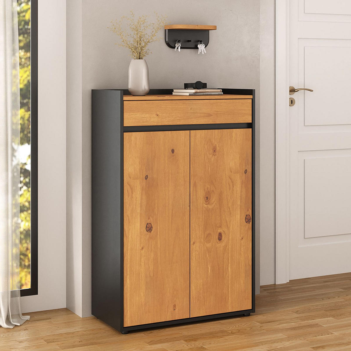 SCHUHSCHRANK TILO schwarz/Eiche - Eichefarben/Schwarz, Holz (74/114/35cm) - IDIMEX