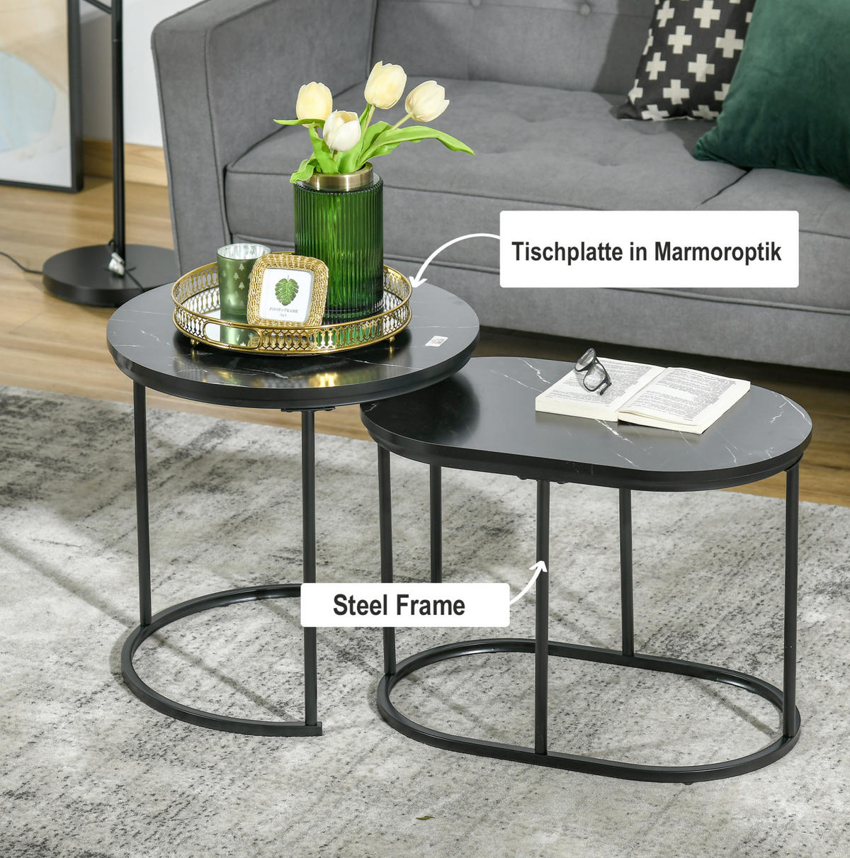 SADA konferenčních stolků z oceli a MDF 50x50x50,5 cm a 60x36x43,5 cm černá stohovatelná s nastavitelnými nožkami - černá, kov (50/50/50.5cm) - Modfu