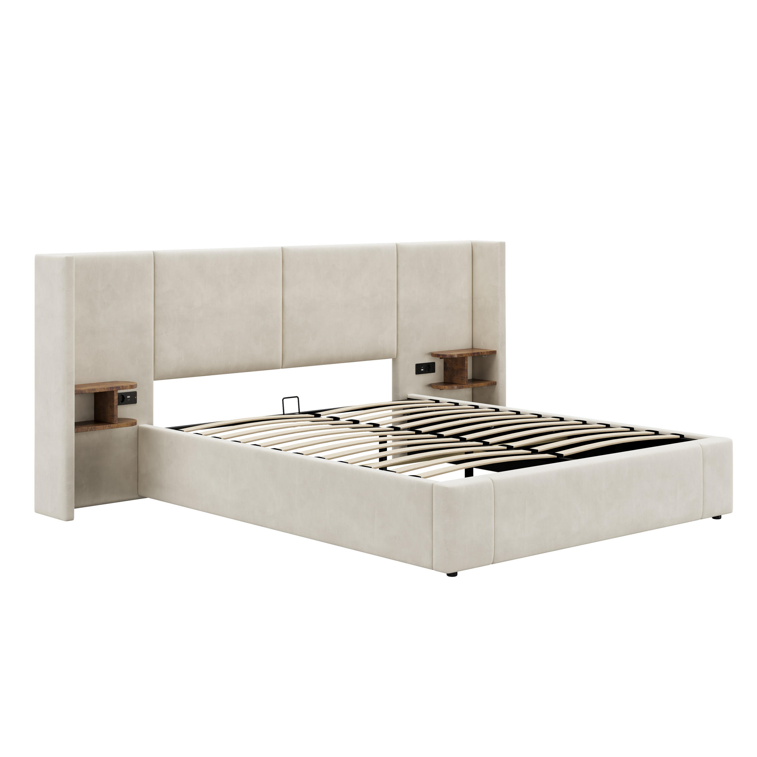 STAURRAUMBETT 160/200 cm DE-02637, mit 2 Nachttischen und Hydraulik, in Beige - Beige, Holzwerkstoff/Metall (160/200cm) - ComfortXL