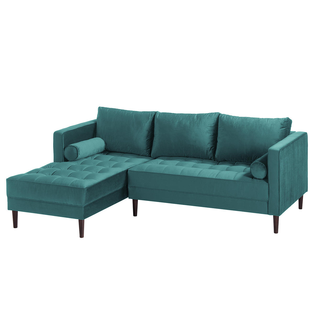 ECKSOFA - Samt - Dunkelbraun/Petrol, Birkenholz/Textil (201/155cm) - home24