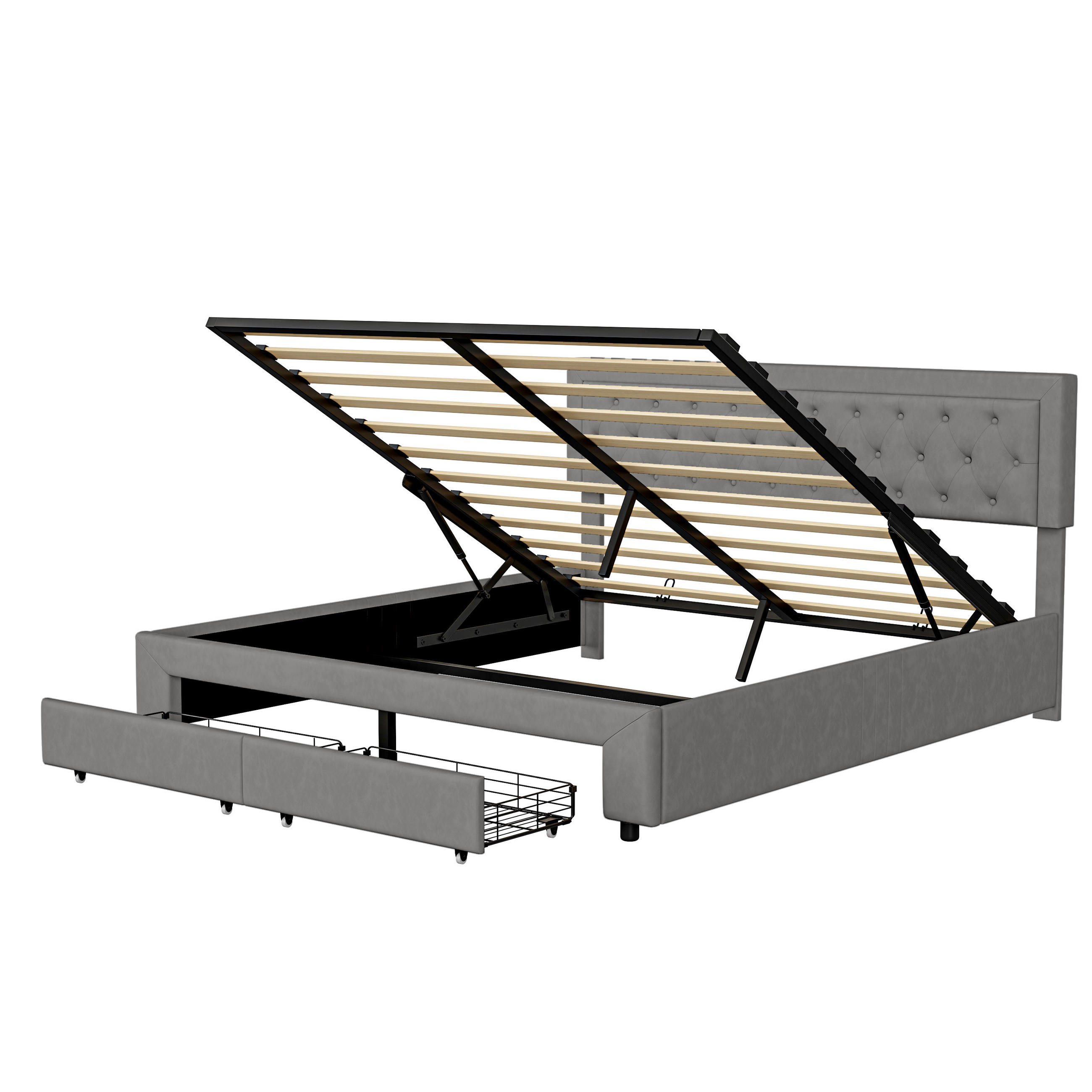 DOPPELBETT 160x200 cm Grau Samt, Hydraulischer Bettkasten und 2 Schubladen, Diamant-Knopfheftung, Tragfähigkeit 300 kg, Skandinavischer Stil - Grau, Metall (160/200cm) - GENKI LIVING