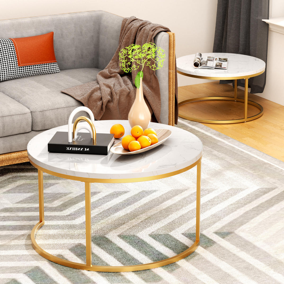 COUCHTISCH-SET mit Marmoreffekt und Metallrahmen Basis, Stapelbarer Beistelltisch Set 80/80/45 cm + 60/60/33,5 cm, Weiß und Gold - Weiß, Holzwerkstoff (80/80/45cm) - Redom