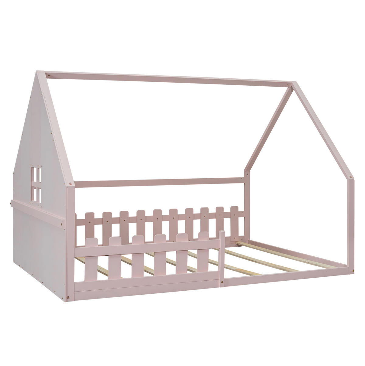 HAUSBETT 140/200 cm in Rosa – aus Kiefernholz mit Dachrahmen und Geländer - Rosa, Holz (140/200cm) - BEAOK