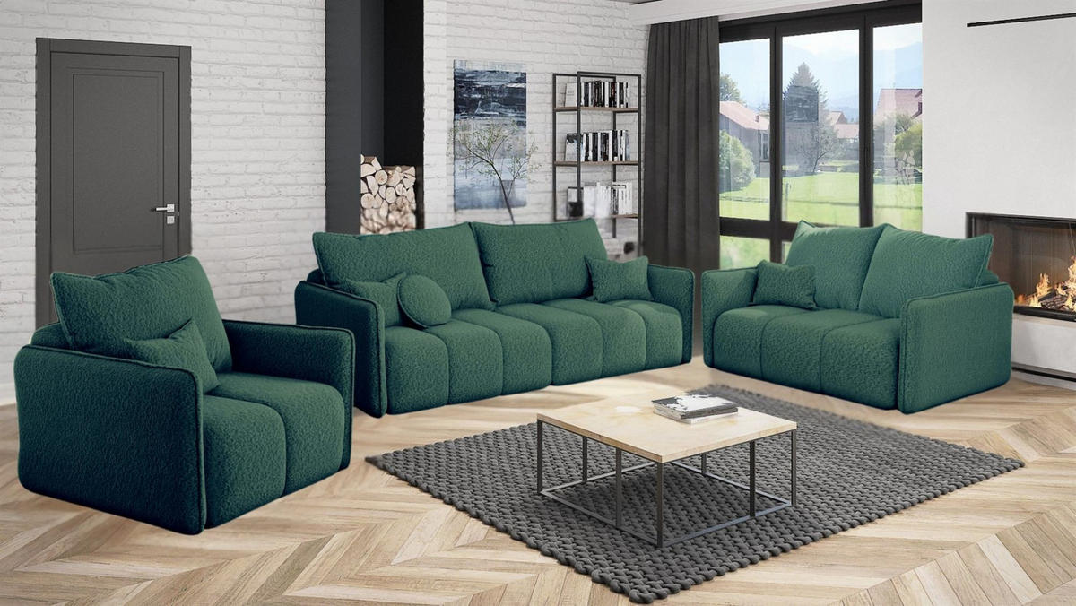 SOFASET Morgano 3-2-1 - Grün, Holzwerkstoff/Textil (216/86/102cm) - Fun Möbel