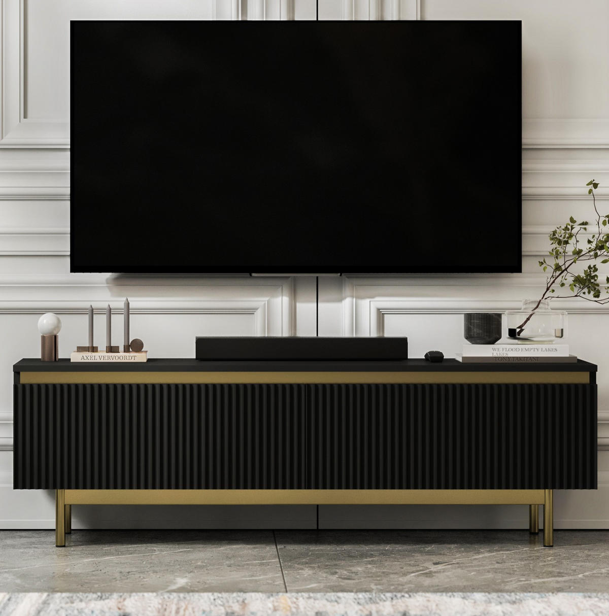 TV-SCHRANK Selene Schwarz Matt 140 cm mit Metallrahmen Glamour - Goldfarben/Schwarz, Holzwerkstoff (140/44/35cm) - Meble Lindner