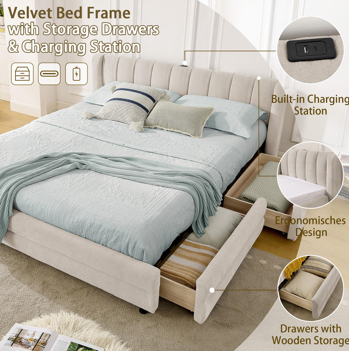 BETT mit 4 Schubladen und USB 140x200 cm Chenille Beige - Beige, Holz (140/200cm) - Meubliv