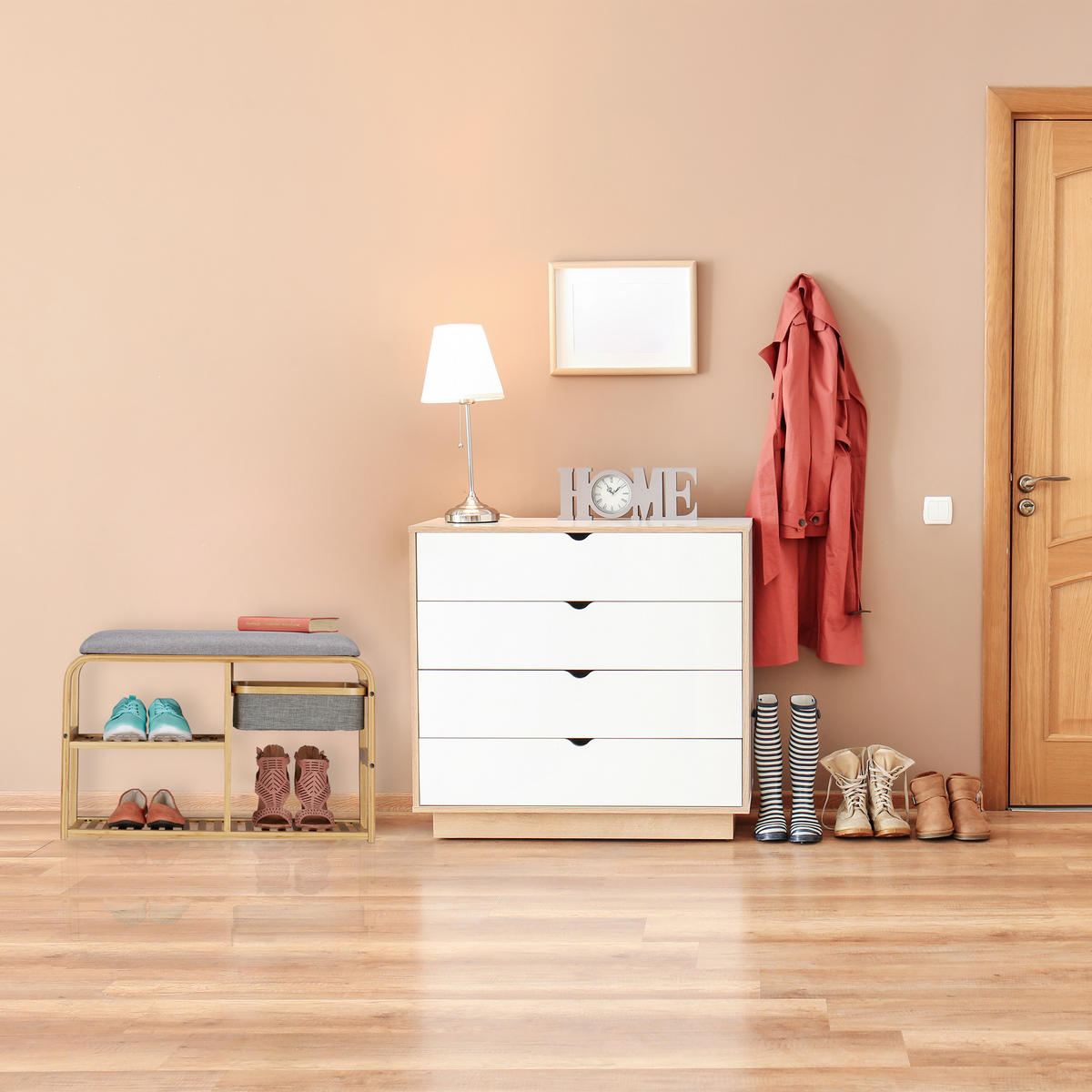 SCHUHBANK - Hellbraun, Holz/Textil (69/45/30cm) - Relaxdays