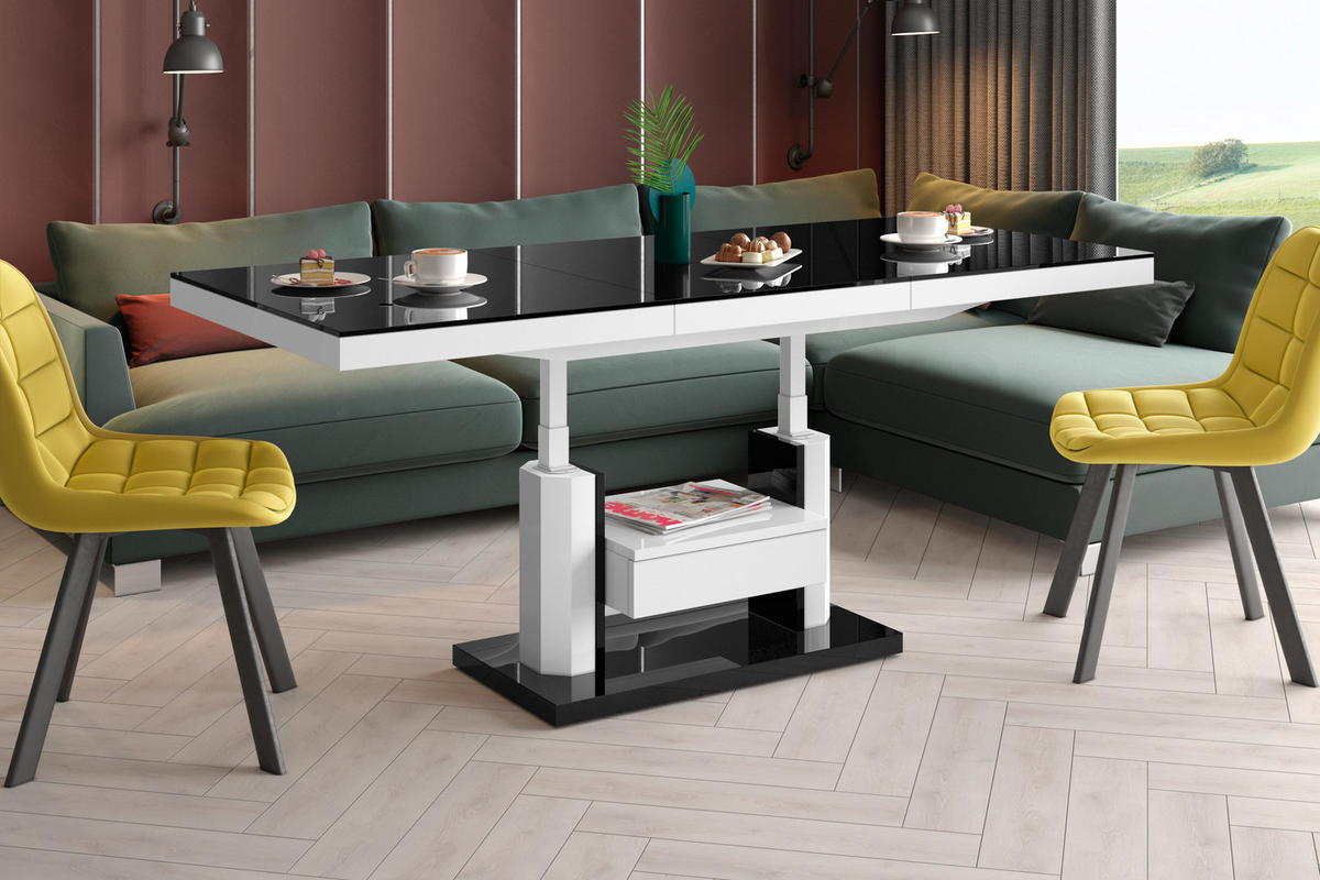 COUCHTISCH rechteckig höhenverstellbar ausziehbar Schublade 120/75/56 cm - Schwarz Hochglanz/Weiß Hochglanz, Holzwerkstoff (75/120/56cm) - designimpex