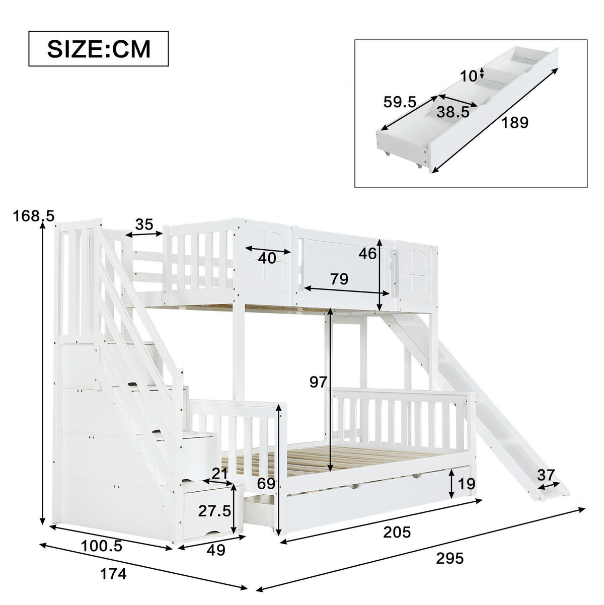 ETAGENBETT 90/200 & 120/200 cm in Weiß mit Rutsche, Stauraumtreppe und Fenstern - Weiß, Holzwerkstoff (90/200cm) - Flora Grace