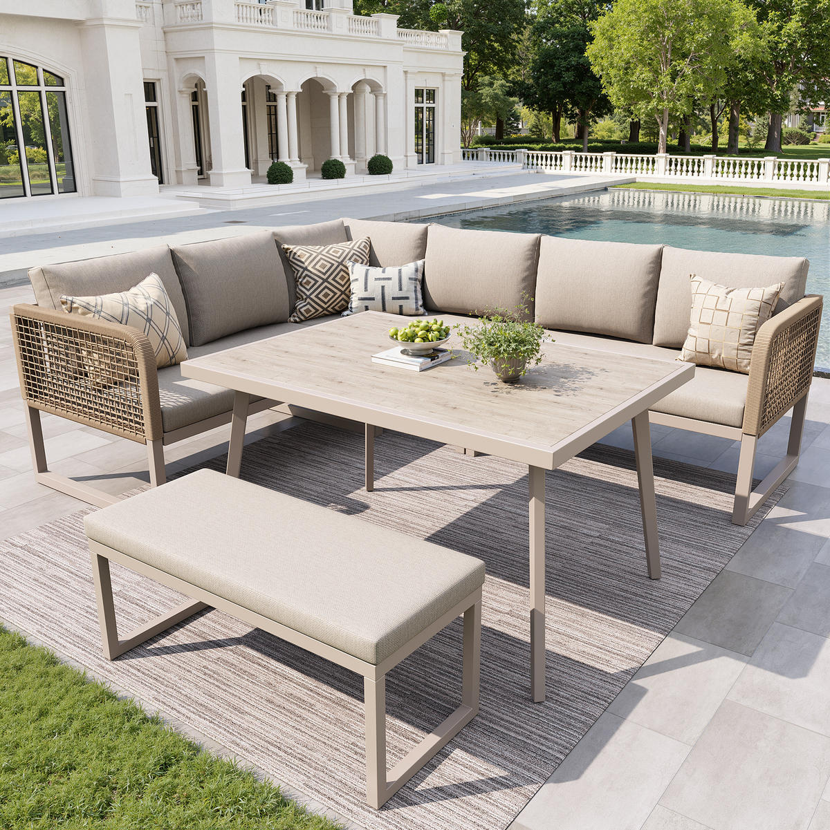 GARTENLOUNGE-SET, PE-Rattan mit Tisch & Sitzkissen, 5-teilig, 121,5/61/77 cm, Beige - Beige, Kunststoff - Redom