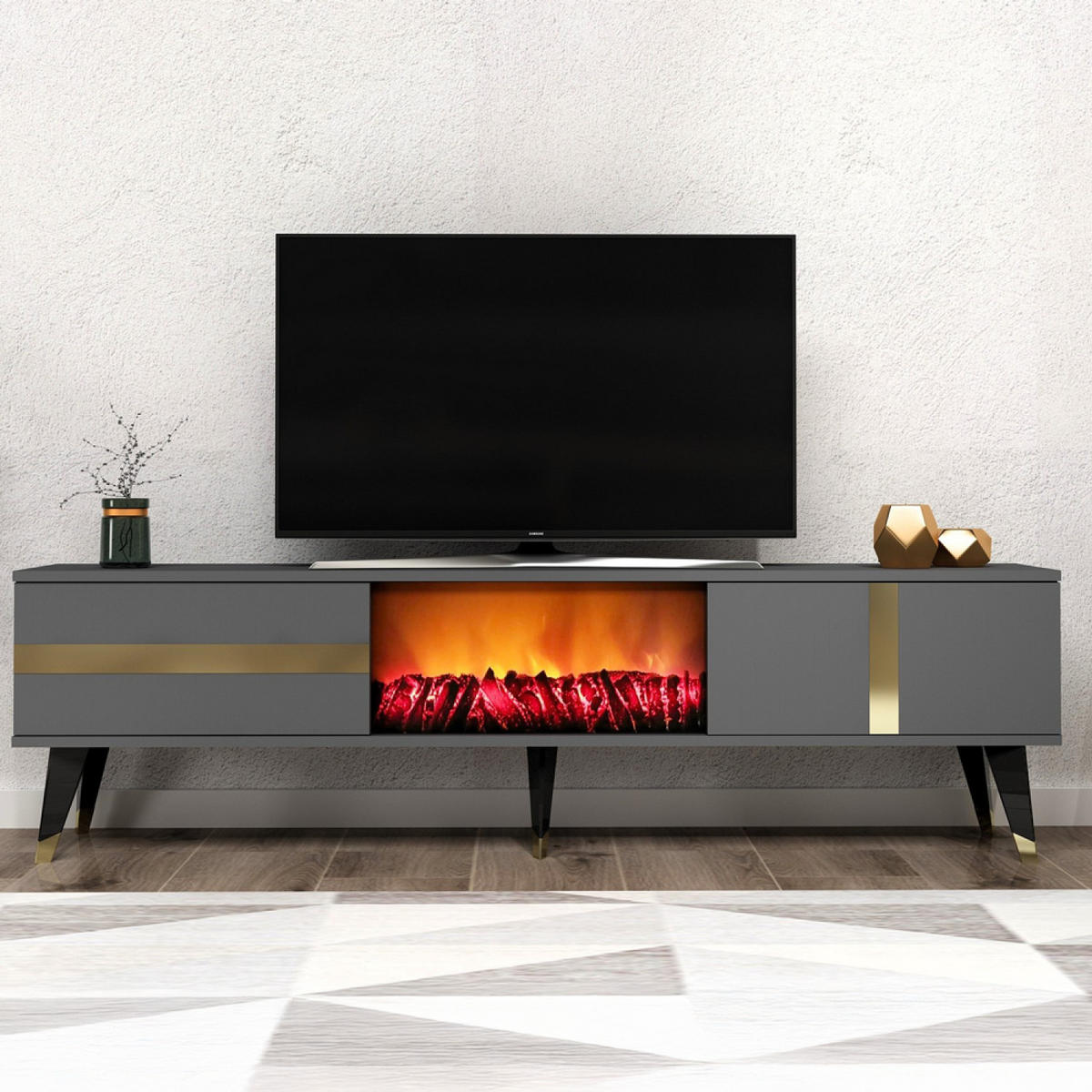 TV-MÖBEL Suny anthrazit 150 cm im zeitgenössischen Stil mit LED-Kamin - Grau, Holz (150/29/50cm) - Concept Usine