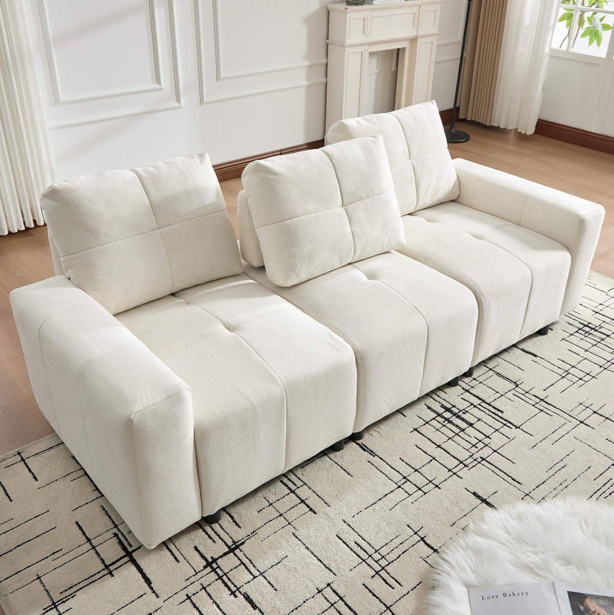 SOFA mit Schlaffunktion 213 cm Chenille Beige White 3-Sitzer - Beige, Kunststoff (213/84/94cm) - Meubliv