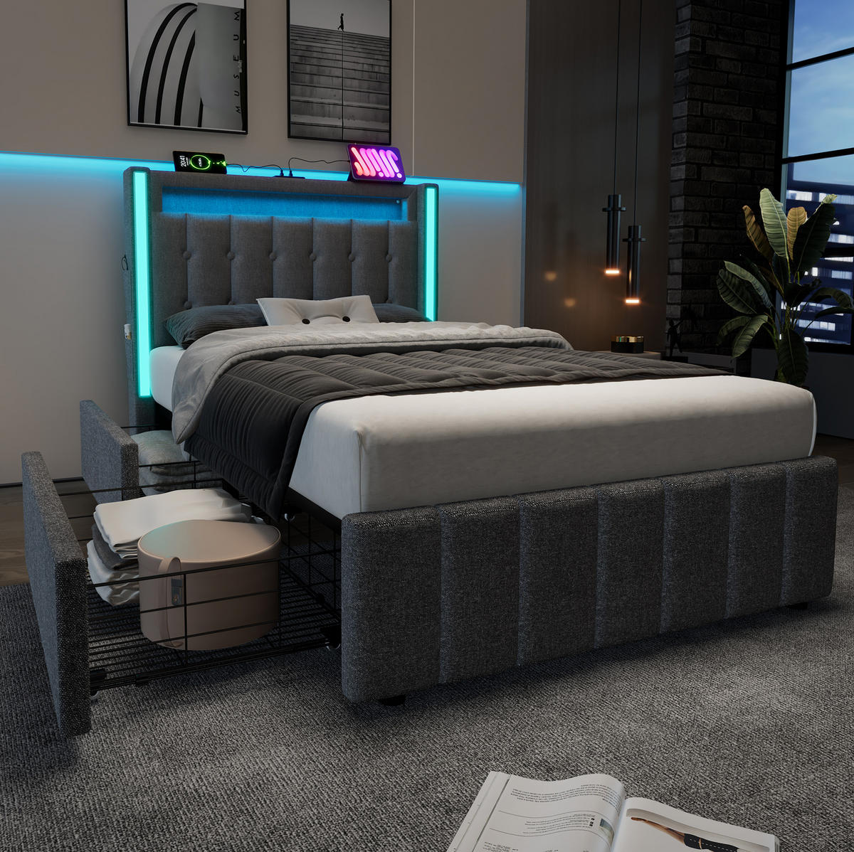 POLSTERBETT 90/200 cm Grau mit LED-Beleuchtung und USB-Anschlüssen - Grau, Textil (90/200cm) - Flora Grace