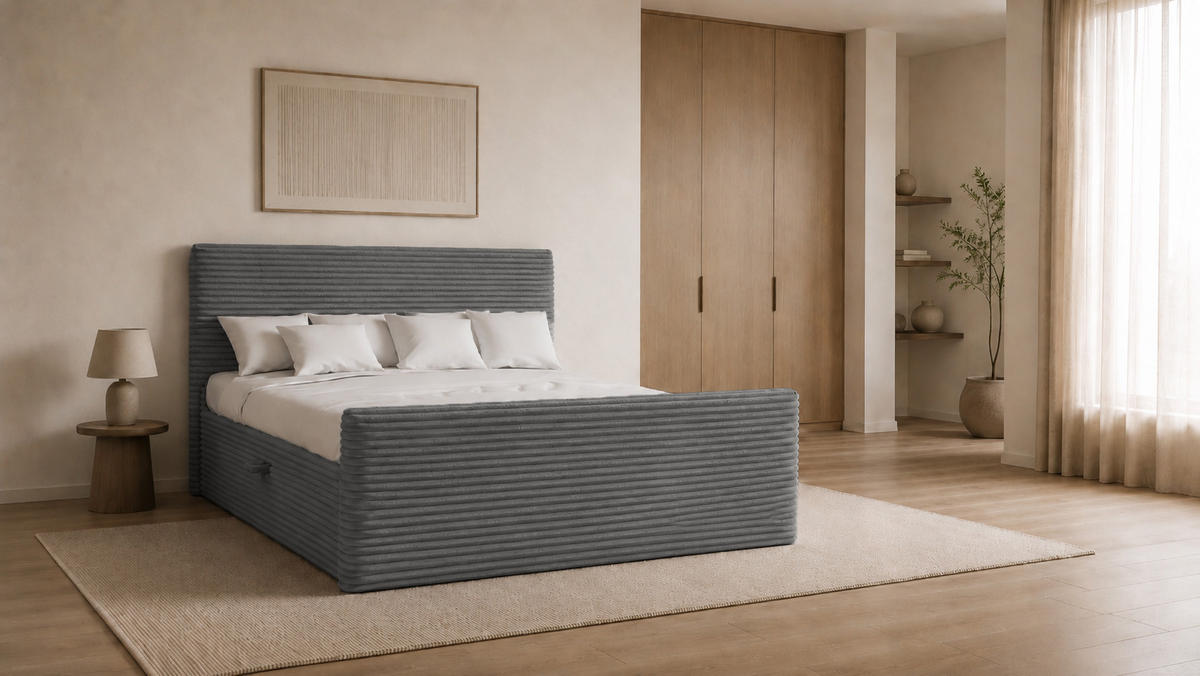 BOXBETT Mit Bettkasten Und Topper TRENTO Stoff Plüsch Cord 180x200 cm Dunkelgrau H3-Bonell - Dunkelgrau, Holz/Textil (180/200cm) - Kaiser Möbel