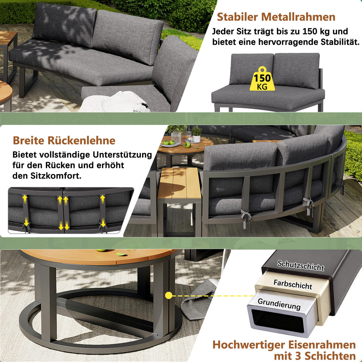 GARTENLOUNGE-SET Sitzgruppe für 4-6 Personen Gartensofa-Set mit Kissen verstellbar grau - Naturfarben/Grau, Holzwerkstoff/Textil - STILVORA