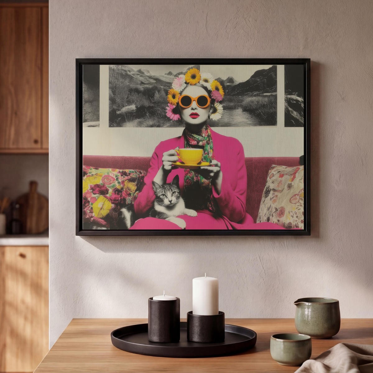 LEINWAND Bilder mit Rahmen - Frau - Katze - Blumen - Tasse - Retro - 40x30 - Magenta, Textil (40/30cm) - MuchoWow