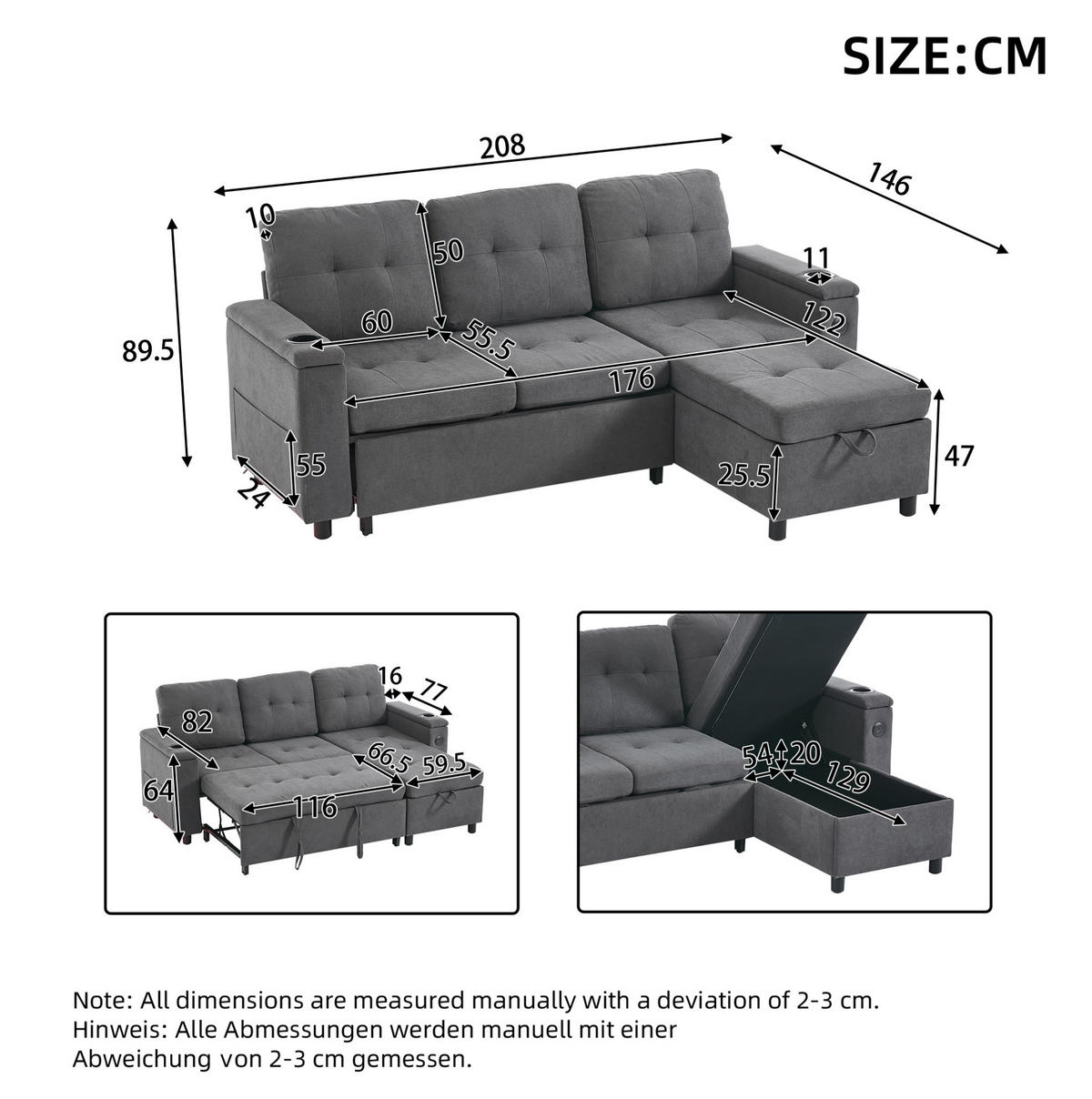 SCHLAFSOFA, Stoff mit Stauraum & LED-Lichtleiste, 208/146/89,5 cm, Grau - Grau, Textil (146/89.5/208cm) - Redom
