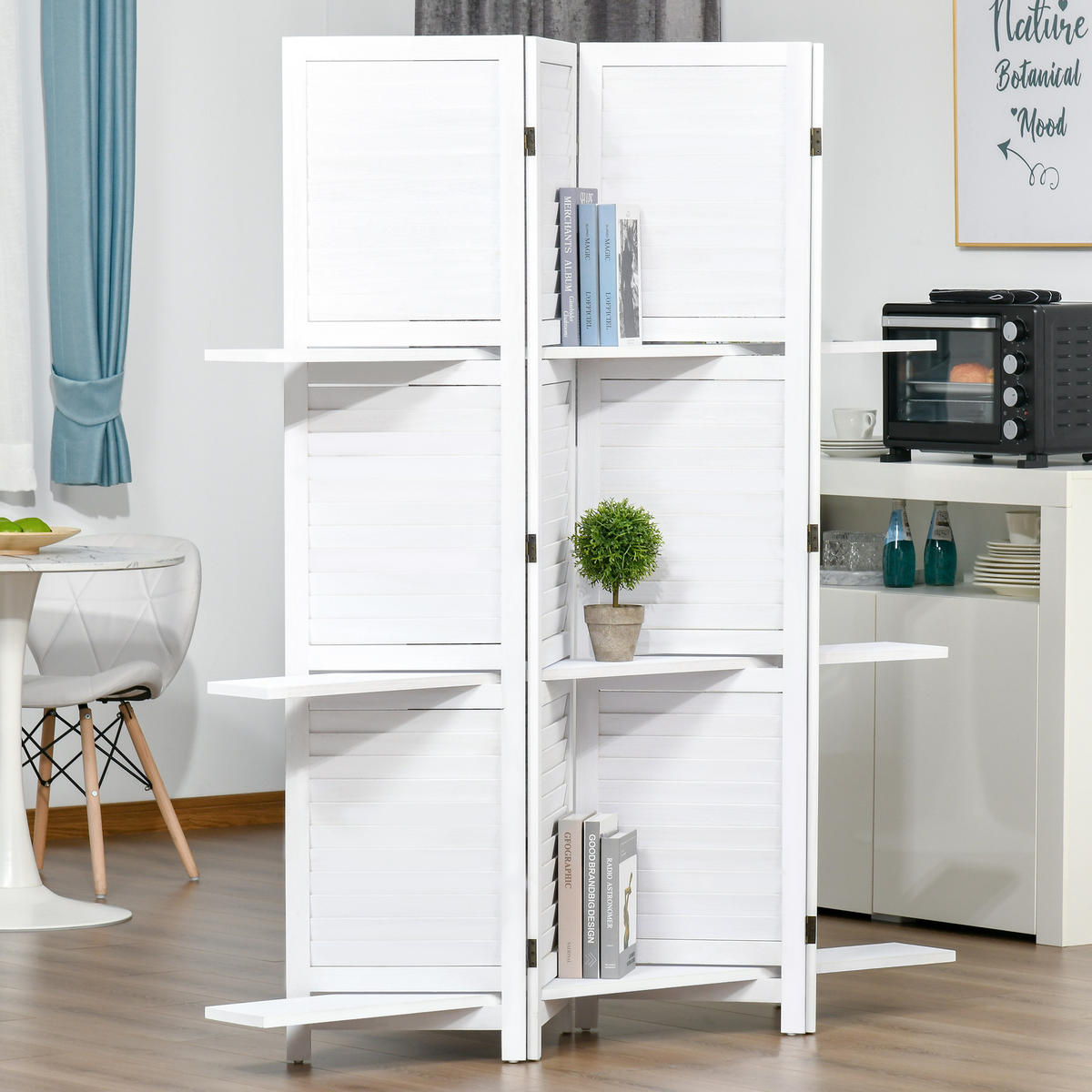 PARAVENT DE-14239 4 Paneele, klappbar, mit 3 Regalen Weiß - Weiß, Holz (160/170/1.9cm) - ComfortXL