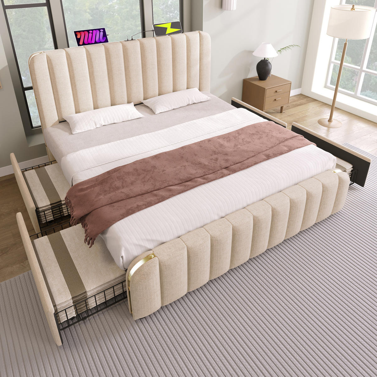 POLSTERBETT mit 4 Schubladen USB/Typ-C 180x200 cm Leinen Beige - Beige, Metall (180/200cm) - Meubliv