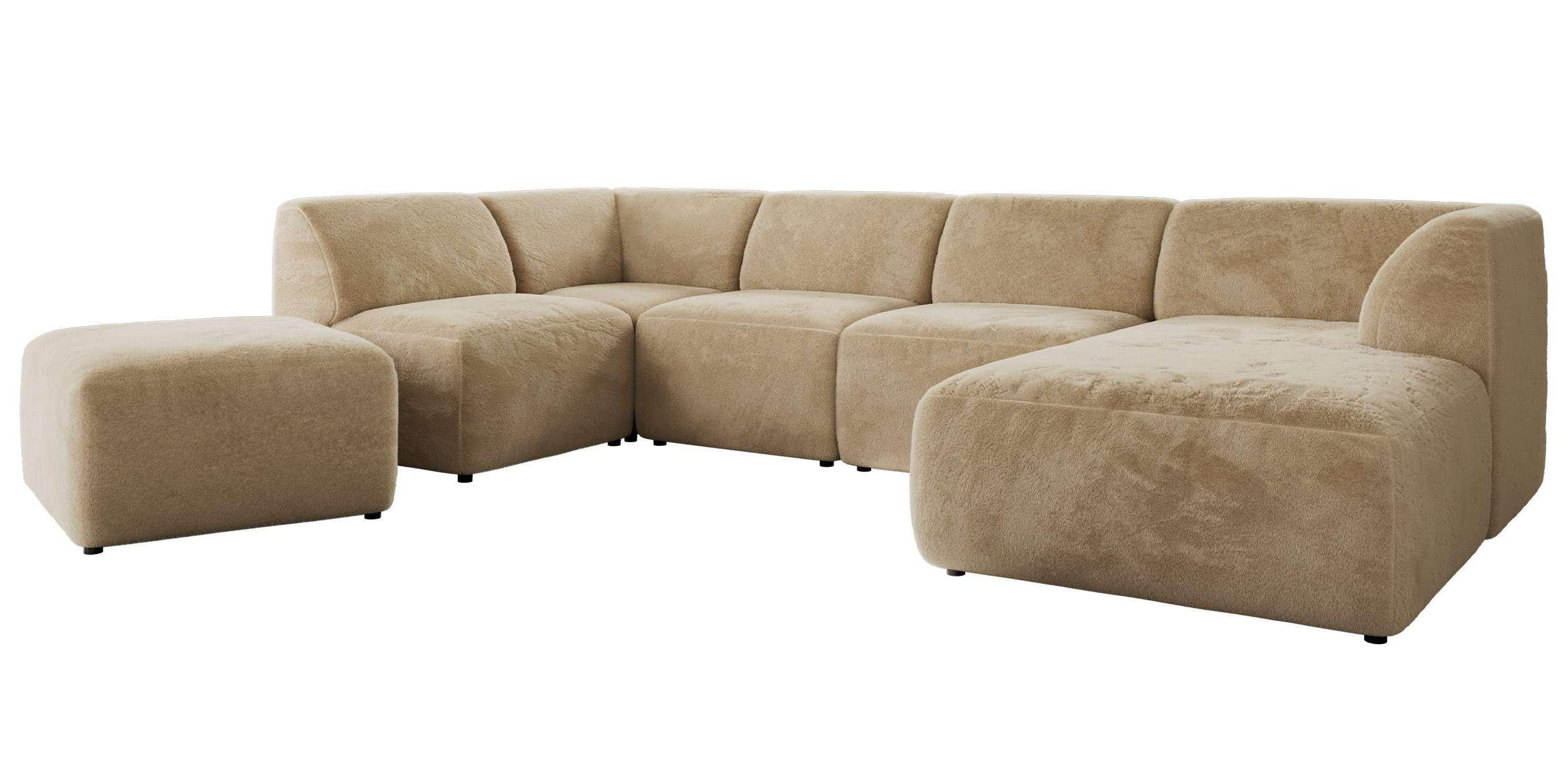 WOHNLANDSCHAFT MODARO U 6M - Beige Plüsch - Rechts - Beige/Schwarz, Textil (345/78/180cm) - MKS
