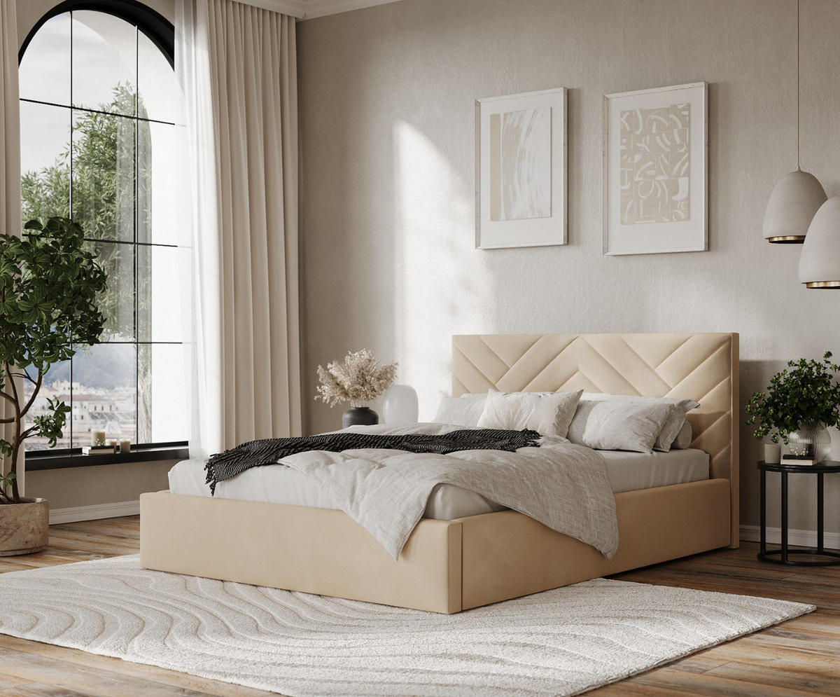 POLSTERBETT Arco 160/200 cm Beige im Kronos Stoff - Beige/Schwarz, Holz/Holzwerkstoff (160/200cm) - AltaBeds