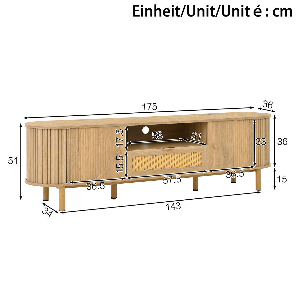 WOHNZIMMERMÖBEL-SET mit höhenverstellbarem Couchtisch und TV-Schrank Natural 2-tlg. - Braun, Holzwerkstoff (36/51/175.1cm) - Beauniv
