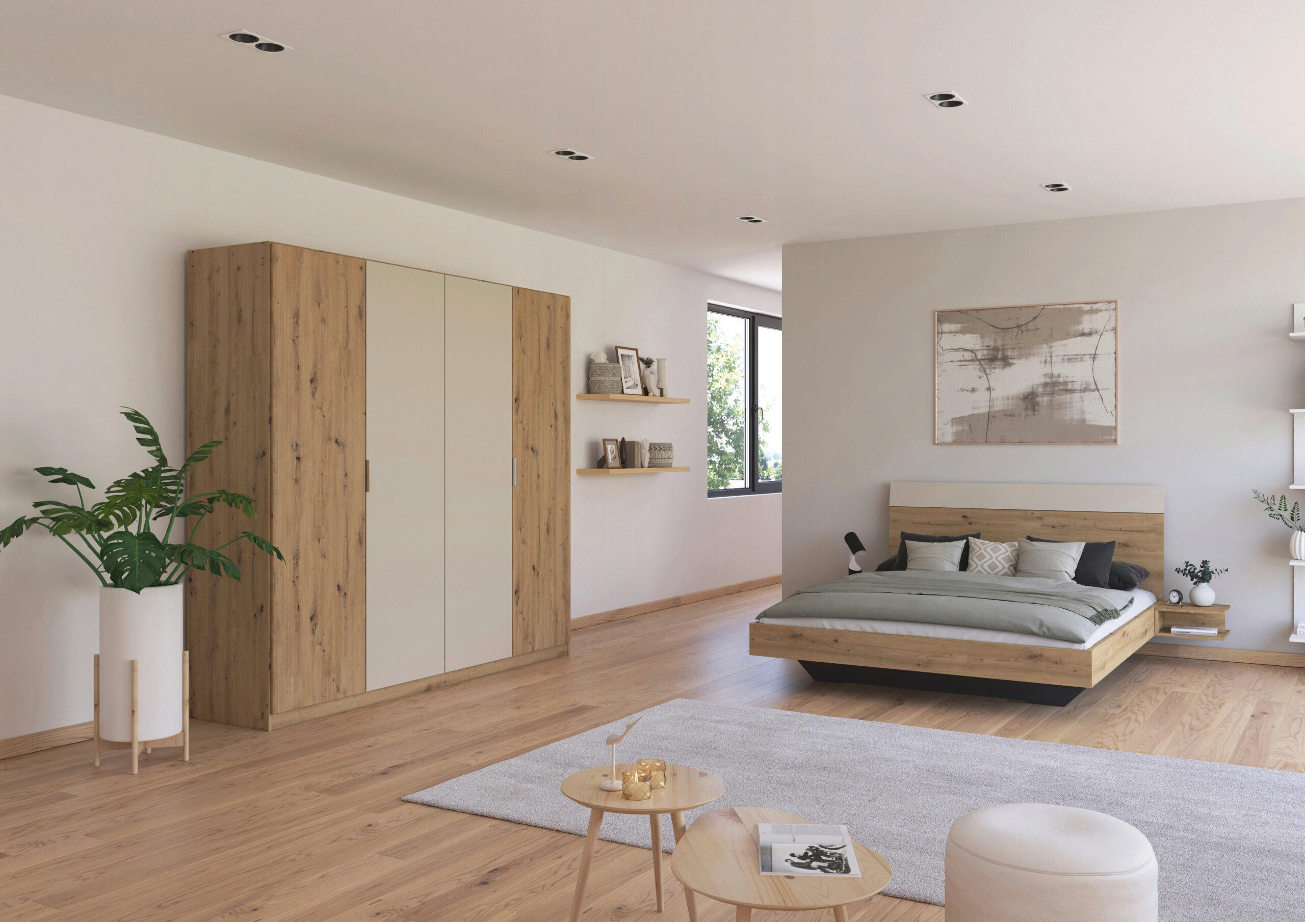 SCHLAFZIMMER Monza in Eiche Artisan und Beige mit Bettanlage 160x200cm, 2 Nachttischen und Drehtürenkleiderschrank 4türig ohne Spiegel - Braun, Holzwerkstoff (80/200/120cm)