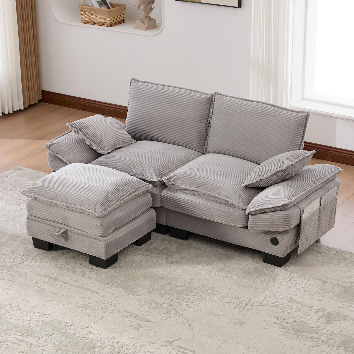 2-SITZER SOFA Cord Hellgrau mit Hocker, USB-C und Seitentaschen - Hellgrau, Holzwerkstoff/Kunststoff (190/132cm) - WISHDOR