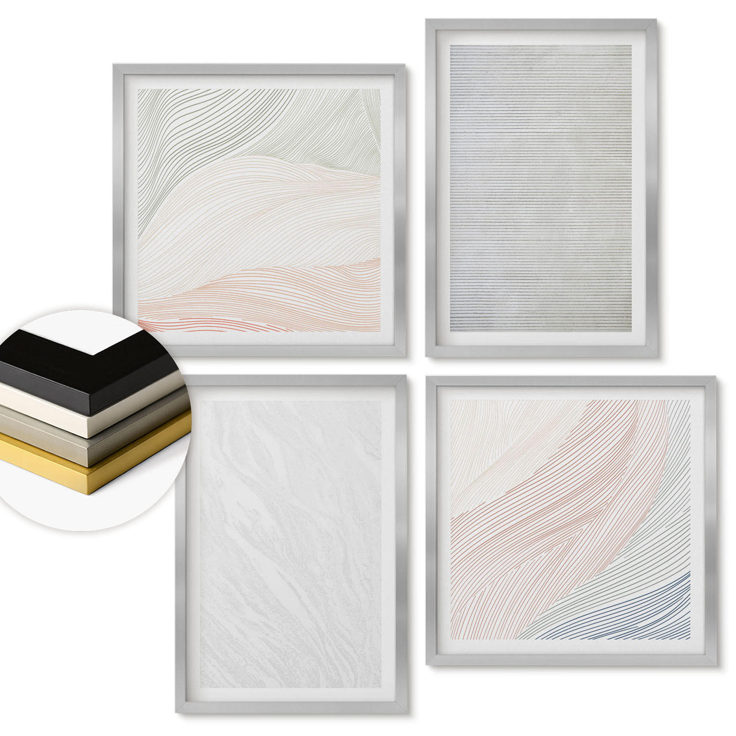 WANDBILDER 4er Set - 50x50 cm & 40x60 cm Silberner Rahmen - Leuchtende Strukturen, Sandmuster - Silberfarben, Kunststoff (50/50cm) - ArtPrintCave