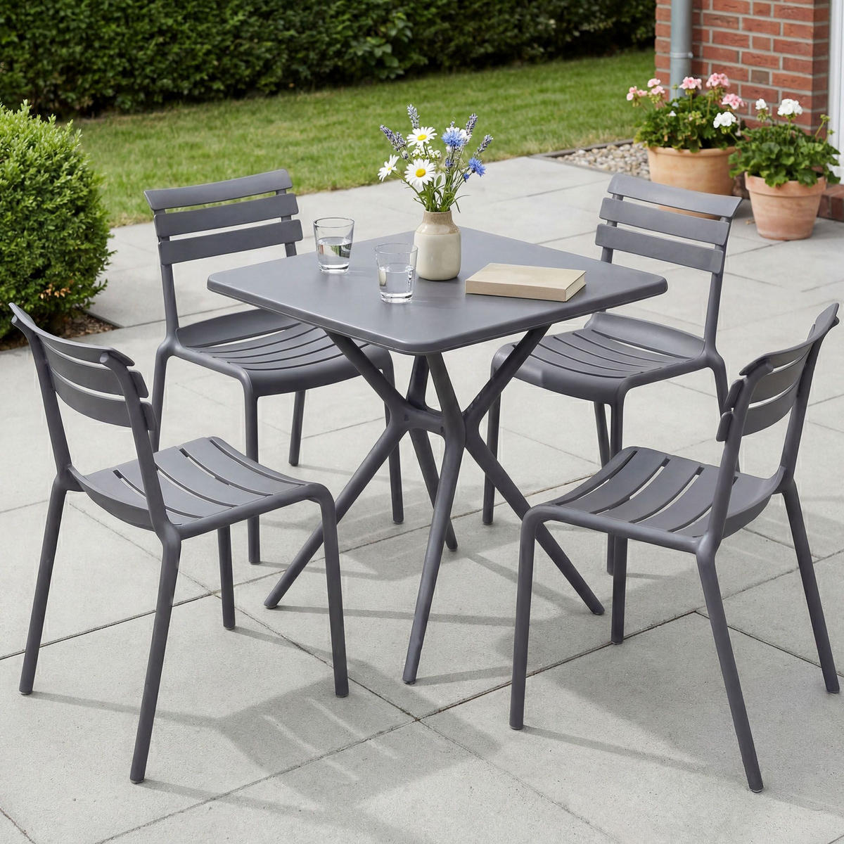 GARTENMÖBEL-SET Klara 4 Stühle 190x190x82cm Kunststoff Dunkelgrau Balkonset - Dunkelgrau, Kunststoff - DELUKE