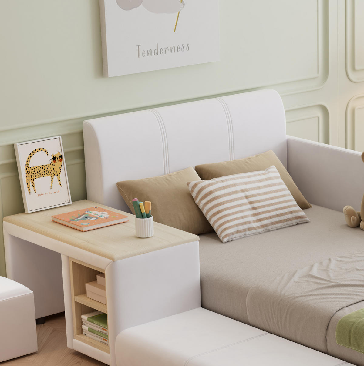 POLSTERBETT 90/200 cm Weiß aus Samt mit Schreibtisch und Hocker - Weiß, Textil (90/200cm) - OKMYHOME