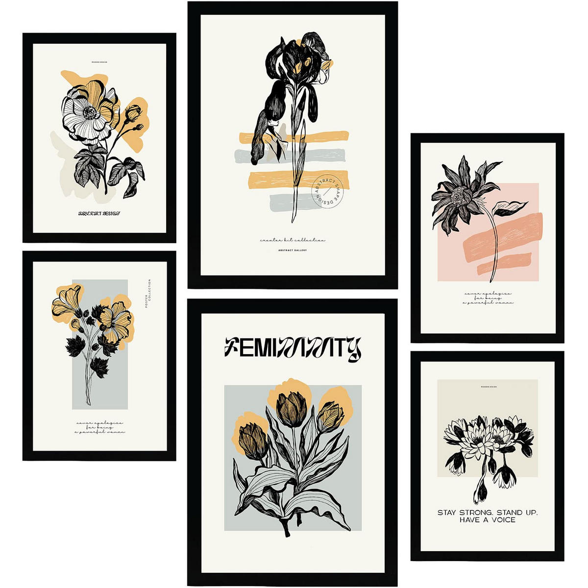 POSTER Set Mit 6 Schwarze Tintenblumen Größe A3 & A4 Schwarzer Rahmen - Schwarz, Papier (29.7/1cm) - Nacnic