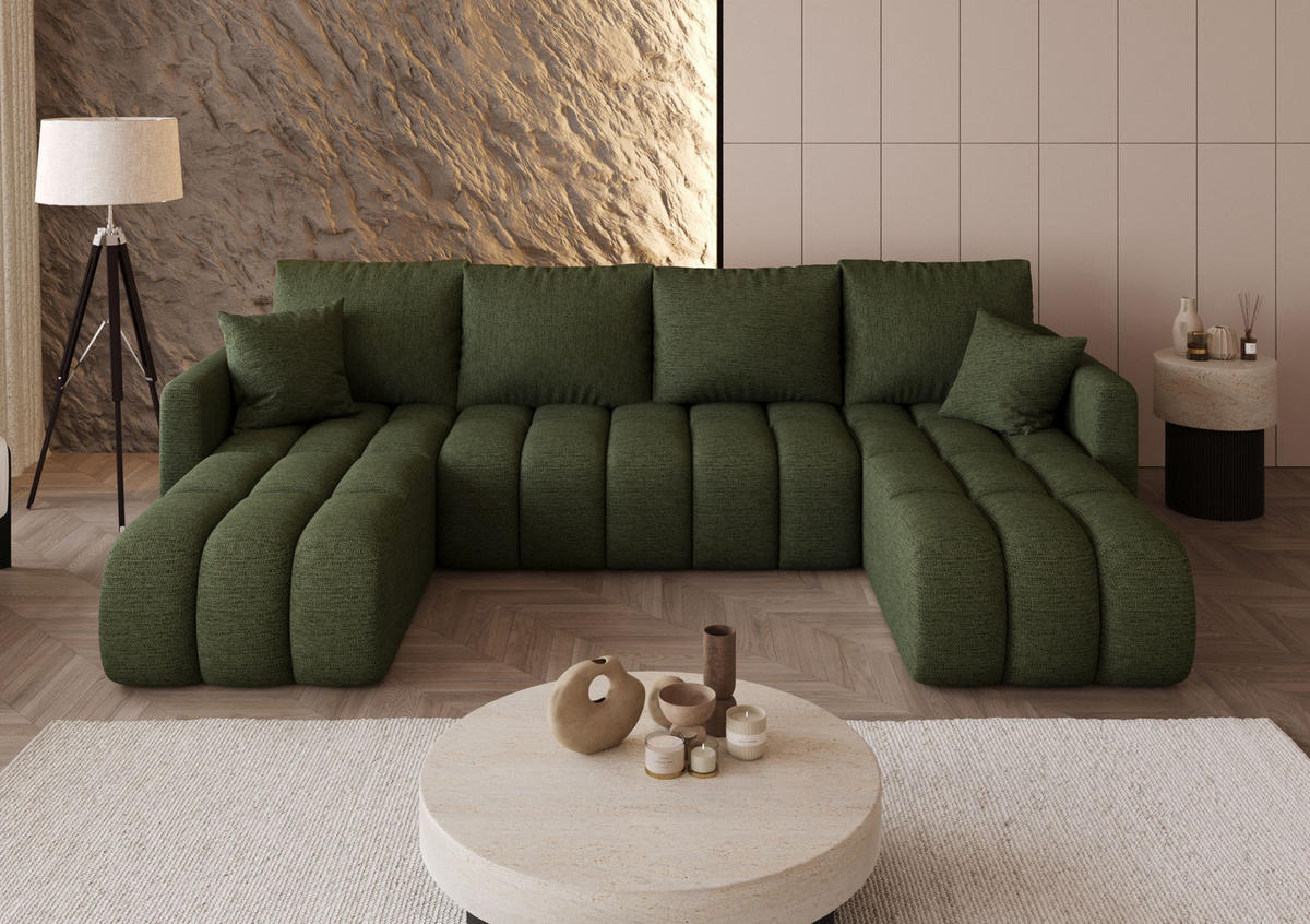 WOHNLANDSCHAFT GARDA U-Form grün Strickstoff Aragon 39 - Schlaffunktion, Bettkasten - Grün, Textil (305/88/150cm) - Cornero