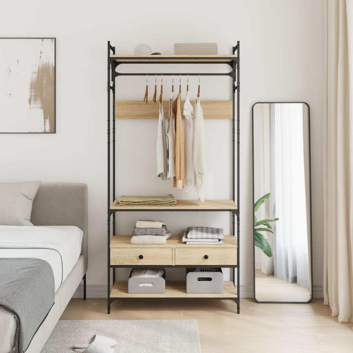 KLEIDERSTÄNDER mit 2 Schubladen 89/39/184,5 cm aus Holzwerkstoff, Metall Sonoma-Eiche Dekor - Sonoma Eiche, Holz (89/184.5/39cm) - vidaXL