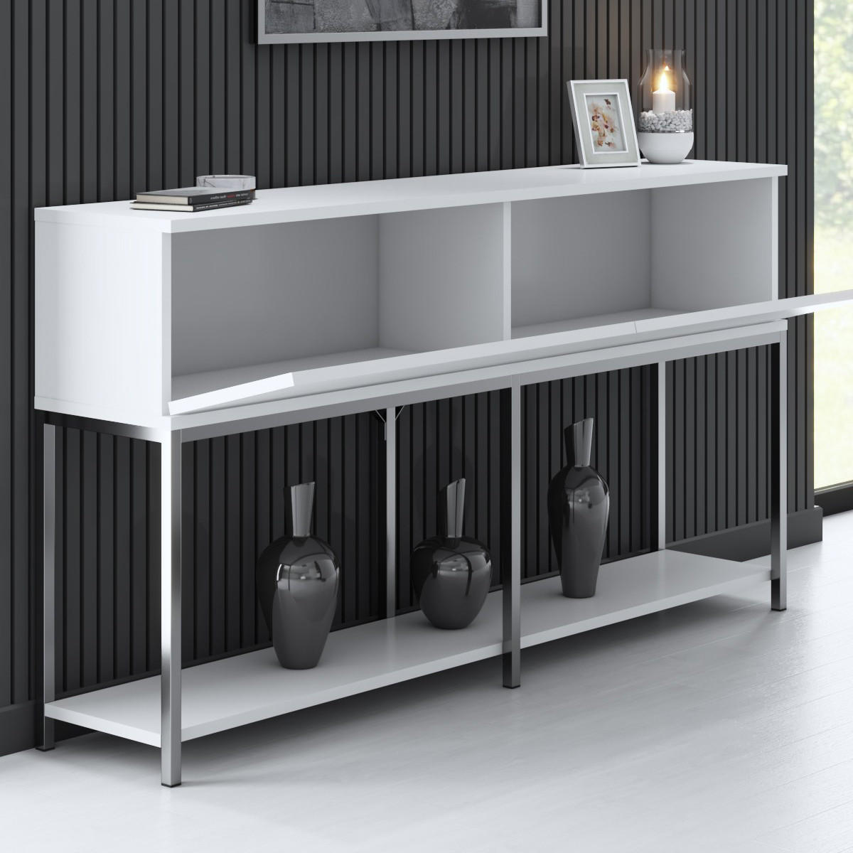 KONSOLE 2 Schwingtüren L150 cm - Lord - Silberfarben/Weiß, Holzwerkstoff (150/30/80cm) - Calicosy
