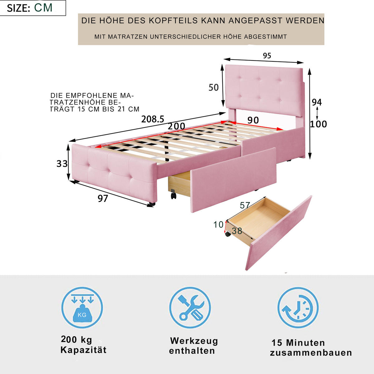DĚTSKÁ postýlka s úložnými zásuvkami 90/200 cm růžová, čalouněná sametem - růžová, textil (90/200cm) - BEAOK