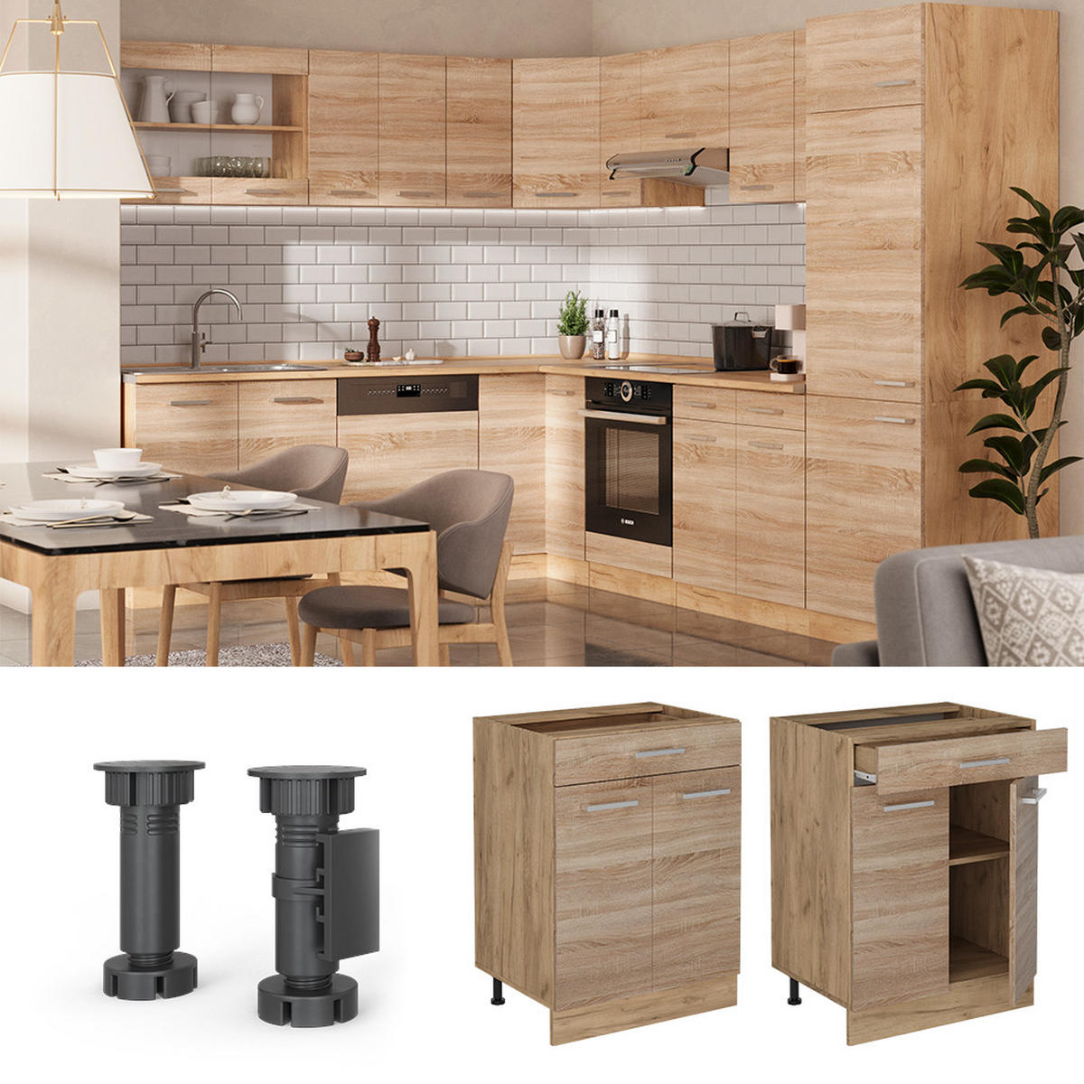 KÜCHENUNTERSCHRANK R-Line Sonoma 60 cm AP Marmor - Honigeiche/Eiche Wotan, Holzwerkstoff (60/81.6/60cm) - Vicco