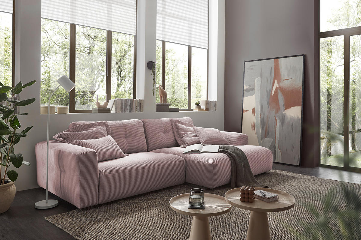 ECKSOFA XL MIKA Pink Cord - Pink/Schwarz, Kunststoff/Textil (296/167cm) - KAWOLA
