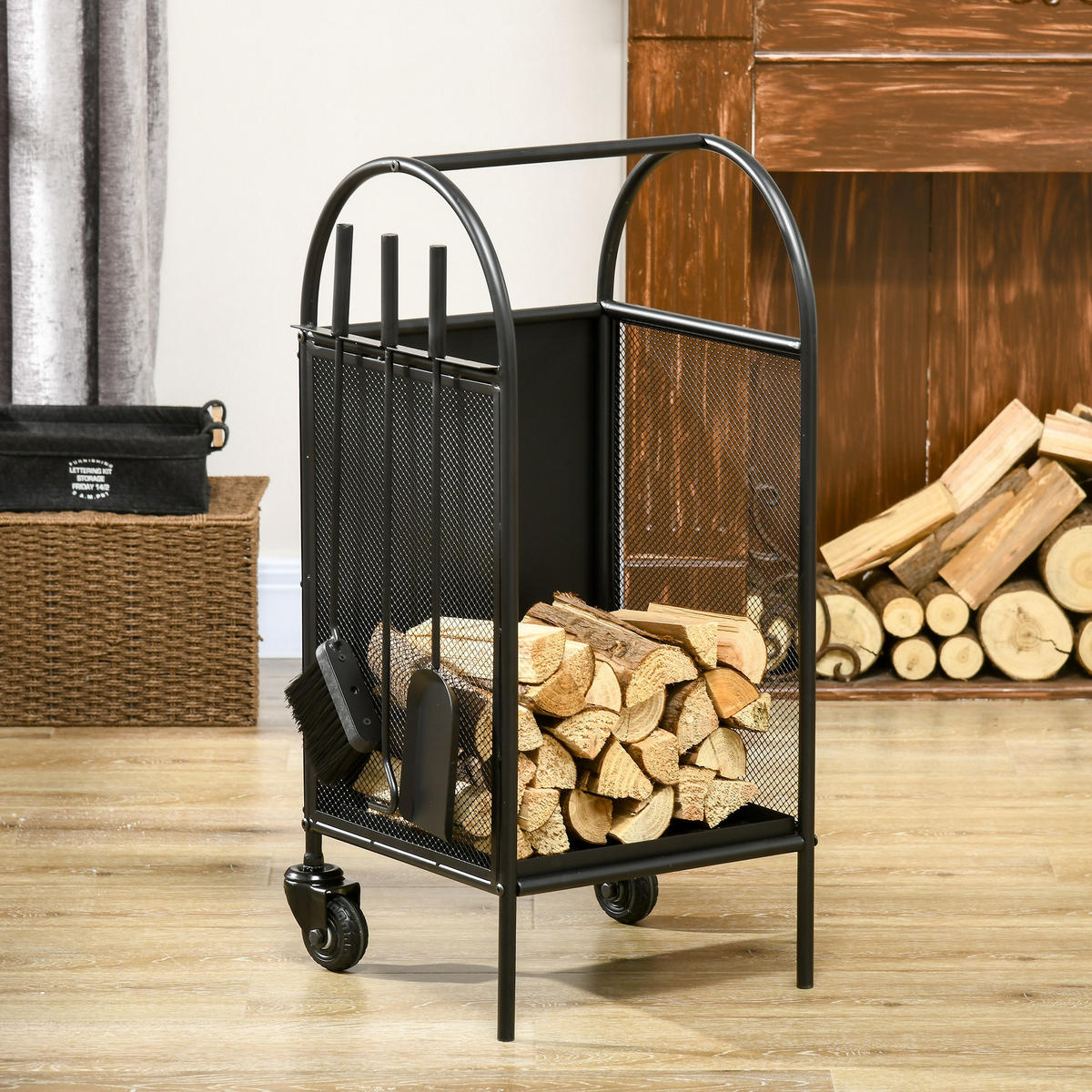 KAMINHOLZREGAL DE-18352 rollbar mit 3-teiligem Zubehör Schwarz - Schwarz, Metall (37.5/80/37.5cm) - ComfortXL