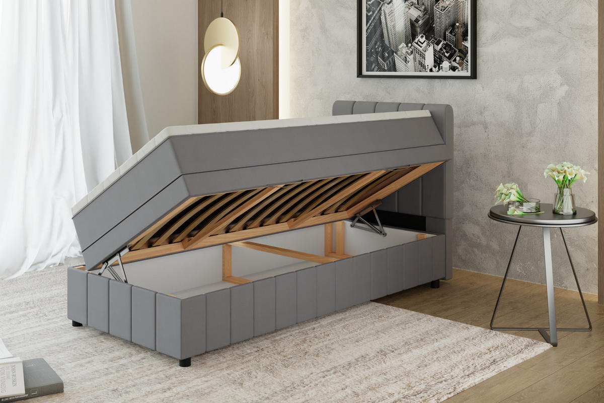 BOXBETT AVALON 90 x 200 cm mit Bettkasten und Topper - Dunkelgrau - Dunkelgrau, Holz - Panda Möbel