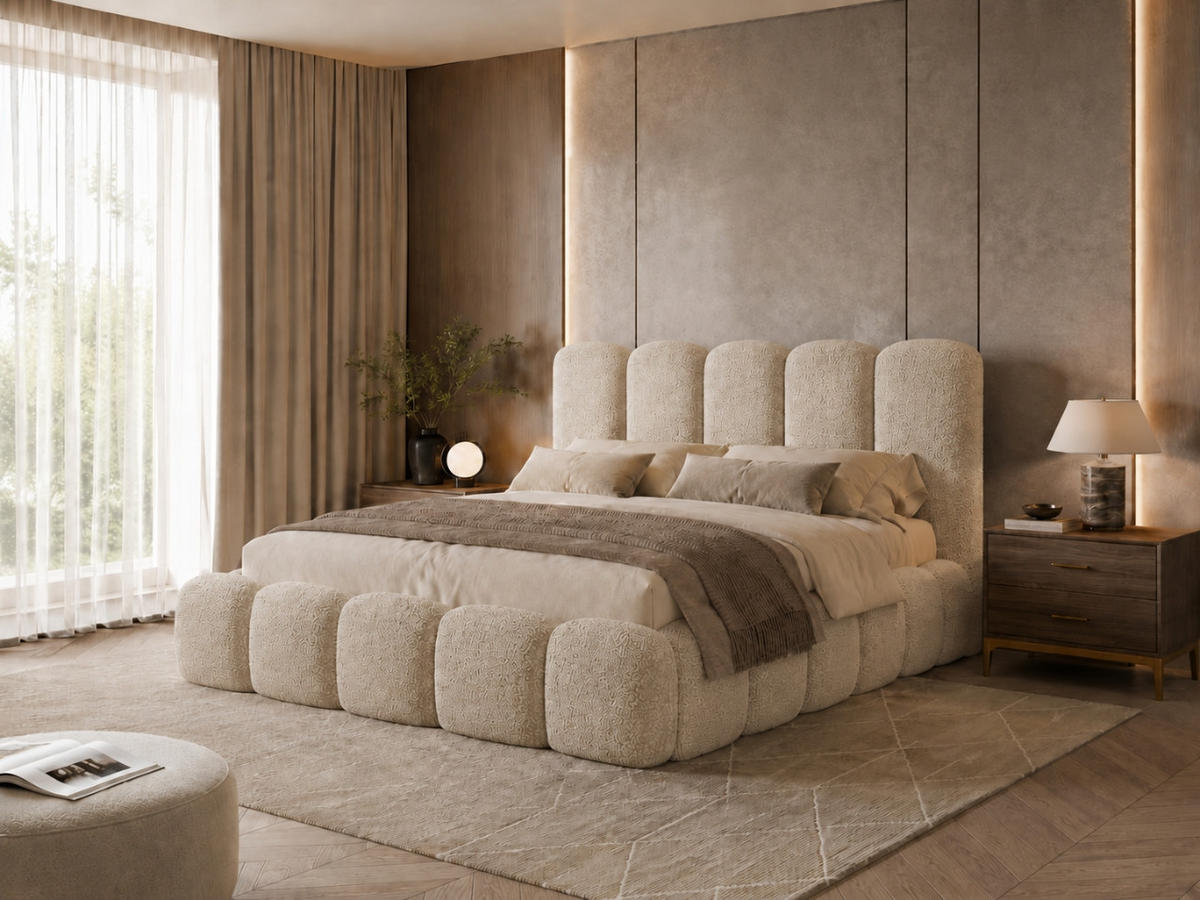 POLSTERBETT TEDDY 180x200 cm in Creme mit Metalllattenrost, Bettkasten, gepolstertes Kopfteil Bouclé-Stoff - Ecru, Holz/Textil (180/200cm) - EMLAR Home