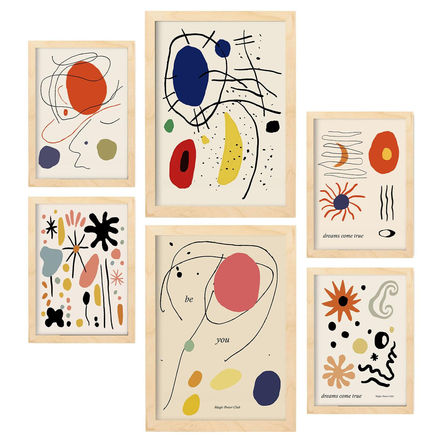 POSTER Set Mit 6 Zusammenfassung Picasso Matisse Inso A3 & A4 Rahmen Aus Hellem Holz - Beige, Papier (29/3cm) - Nacnic