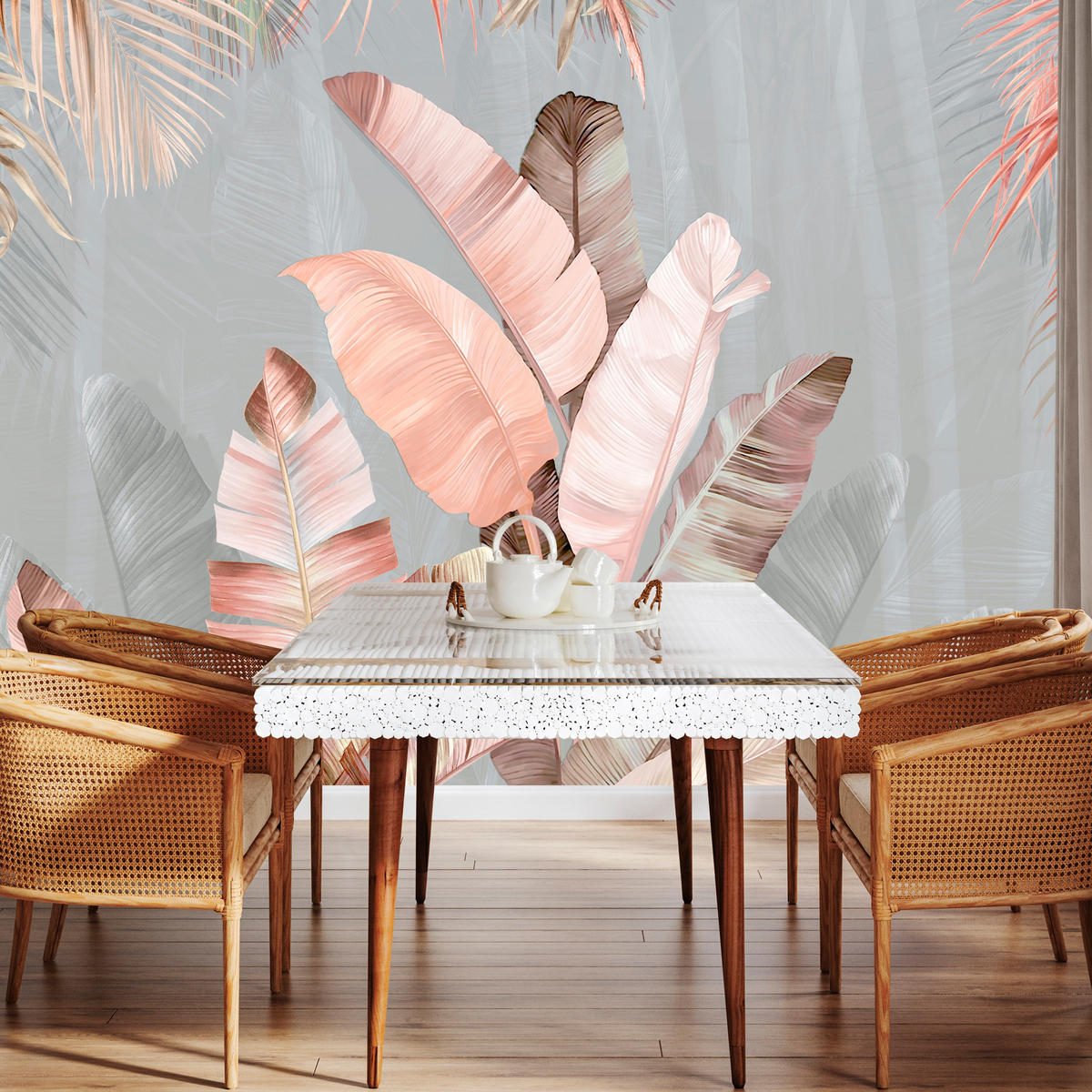 FOTOTAPETA Pre Jedáleň Tropické Pastelové Banánové Listy 400 x 280 cm - hnedá/sivá, papier (400/280cm) - Muralo