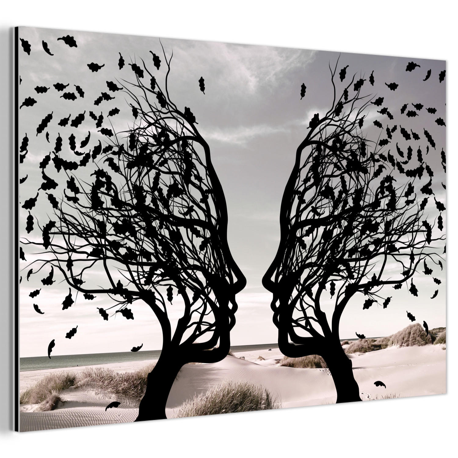 METALLBILD Strand - Meer - Menschen - Baum - Moderne Kunst 120x80 cm - Hellgrau, Metall (120/80cm) - MuchoWow