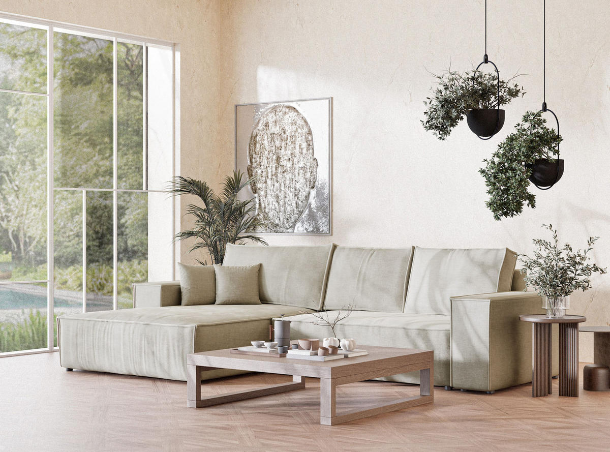 ECKSOFA Maze Beige Chenille-Stoff - Links Seite - Beige/Schwarz, Holz/Holzwerkstoff (185/294cm) - Maison de Reve