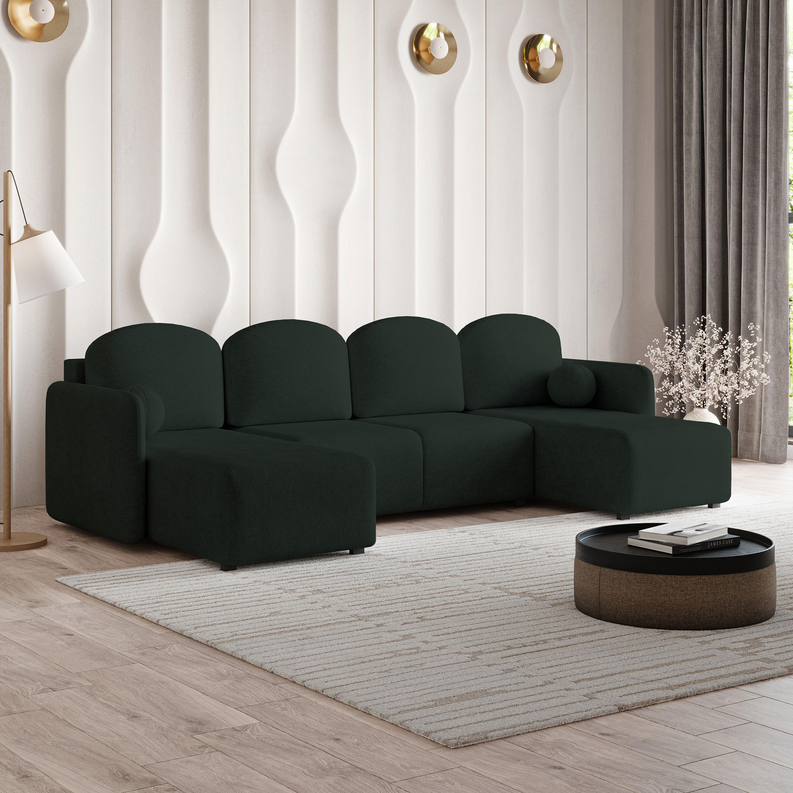 WOHNLANDSCHAFT NUBERO Grün Geflochtener Stoff mit Schlaffunktion - Grün, Holz (285/85/143cm) - MASSENO