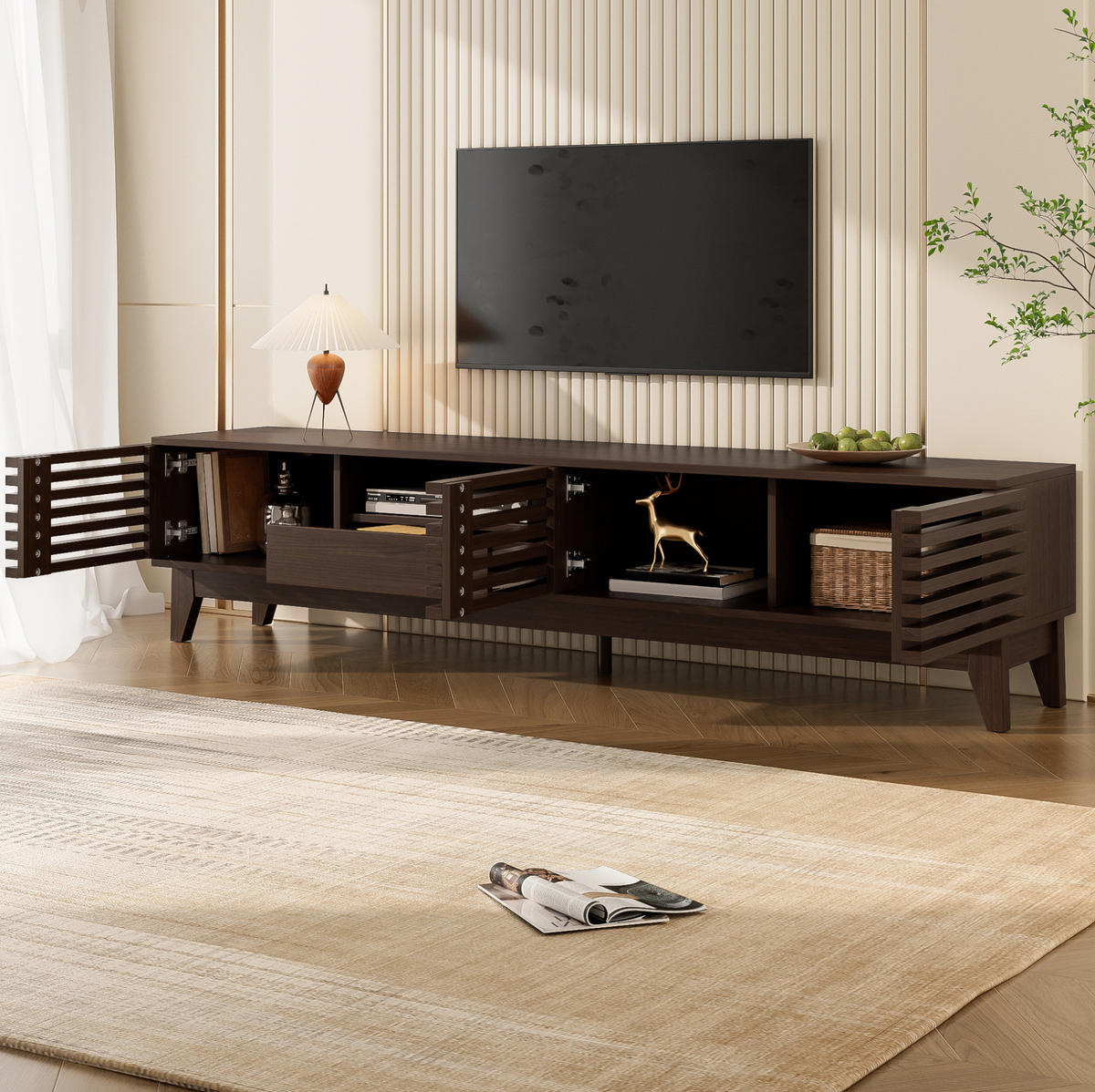 TV stolek 170/35/40 cm s třemi dvířky a zásuvkou, vintage lamelový design, Přírodní - přírodní, kompozitní dřevo (170/40/35cm) - Redom